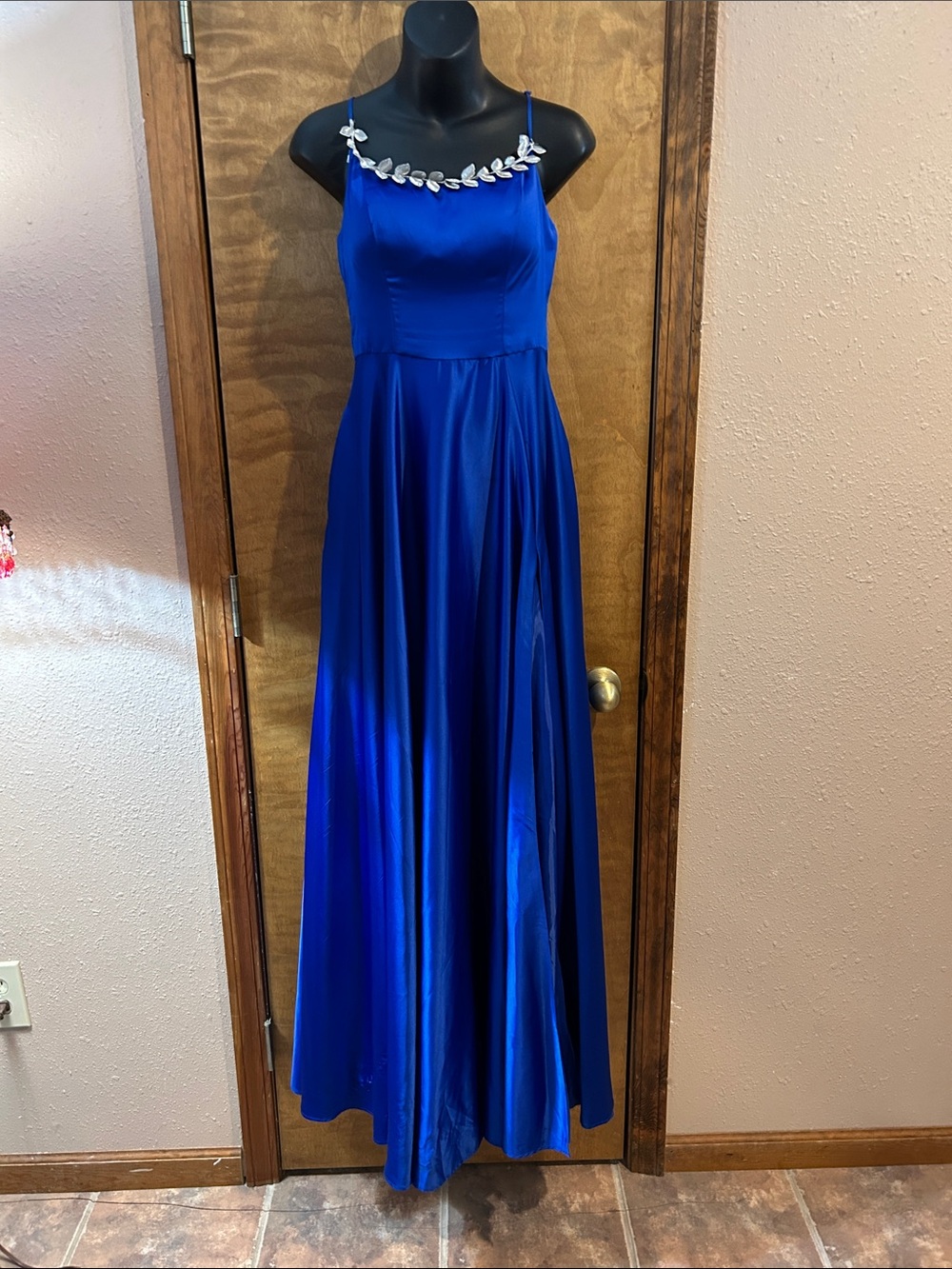B Darlin Royal Blue Prom Gown with Leaf-Embellished Neckline